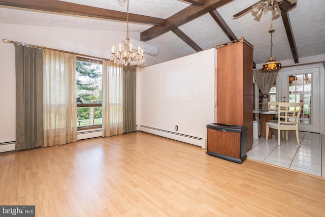 interior space featuring light hardwood / wood-style floors, a baseboard radiator, a wall mounted air conditioner, and lofted ceiling with beams