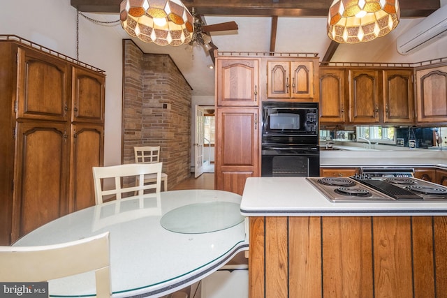 kitchen with black appliances, hardwood / wood-style flooring, vaulted ceiling with beams, ceiling fan, and a wall mounted AC