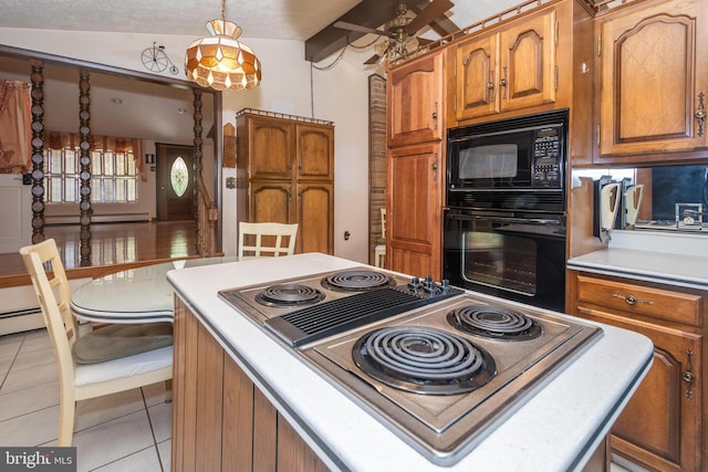 kitchen with vaulted ceiling with beams, black appliances, decorative light fixtures, light tile patterned floors, and a kitchen island