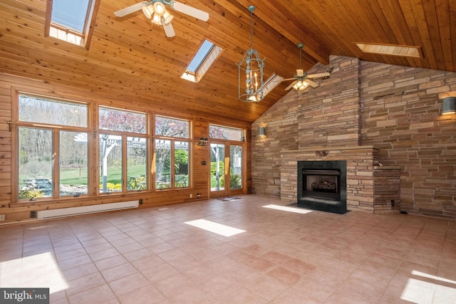 unfurnished living room with light tile patterned flooring, ceiling fan, and high vaulted ceiling