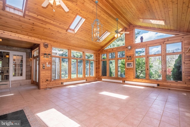 unfurnished sunroom with a baseboard radiator, vaulted ceiling with skylight, wooden ceiling, and ceiling fan