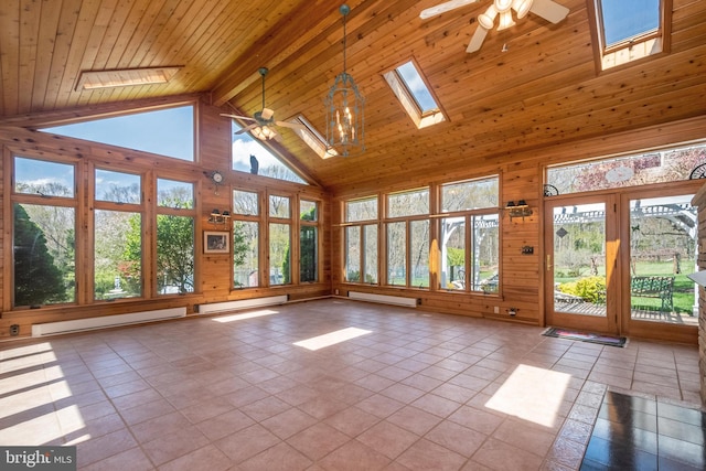 unfurnished sunroom featuring lofted ceiling with skylight, ceiling fan, and wood ceiling