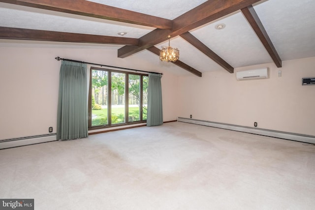 carpeted empty room featuring vaulted ceiling with beams, a wall unit AC, a baseboard heating unit, and a notable chandelier