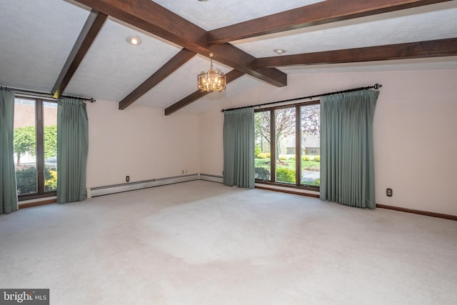 carpeted spare room with a baseboard radiator, lofted ceiling with beams, and a chandelier