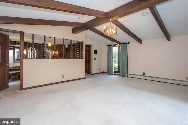 unfurnished living room featuring light carpet, baseboard heating, vaulted ceiling with beams, and a chandelier