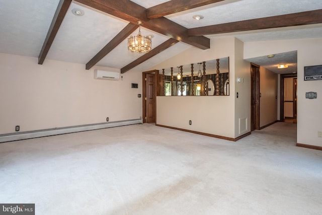 unfurnished living room with vaulted ceiling with beams, carpet floors, and a wall mounted AC