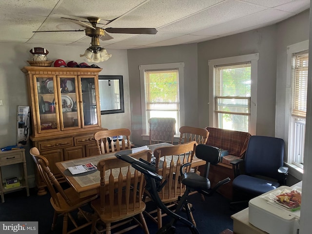 dining area with ceiling fan and a drop ceiling