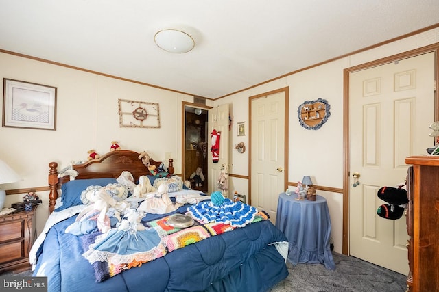 carpeted bedroom with ornamental molding