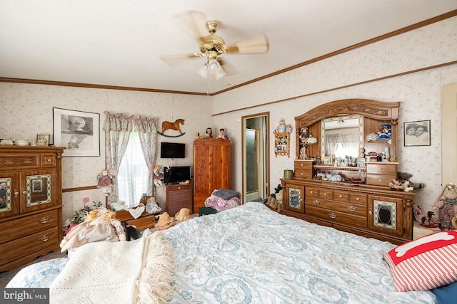 bedroom with ceiling fan and ornamental molding