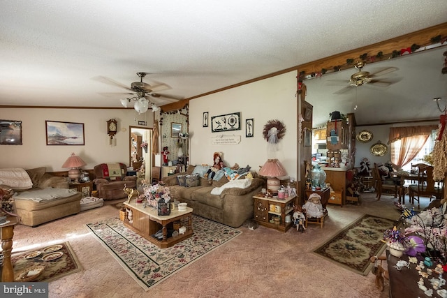 living room featuring ceiling fan, crown molding, carpet floors, and a textured ceiling