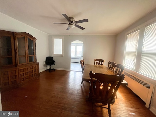 dining space with ceiling fan, crown molding, radiator heating unit, and dark wood-type flooring