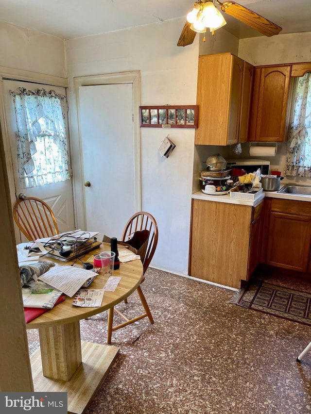 kitchen with ceiling fan, a healthy amount of sunlight, and sink