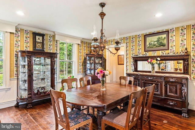 dining space with dark hardwood / wood-style flooring and ornamental molding