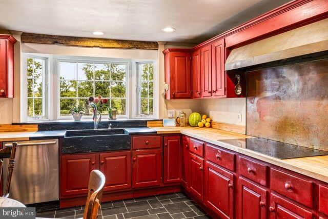 kitchen with wood counters, sink, stainless steel dishwasher, and black electric cooktop