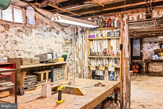 basement with electric panel and a workshop area