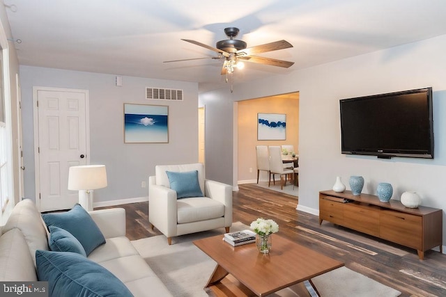 living room with ceiling fan and wood-type flooring