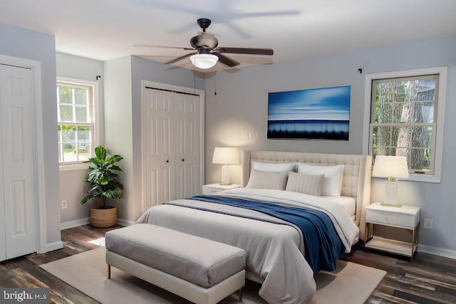 bedroom featuring ceiling fan and dark hardwood / wood-style flooring