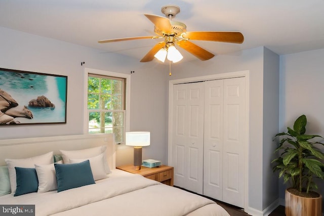 bedroom featuring ceiling fan and a closet