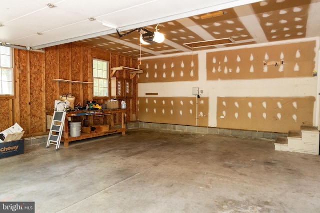 garage featuring a workshop area, wood walls, and a garage door opener