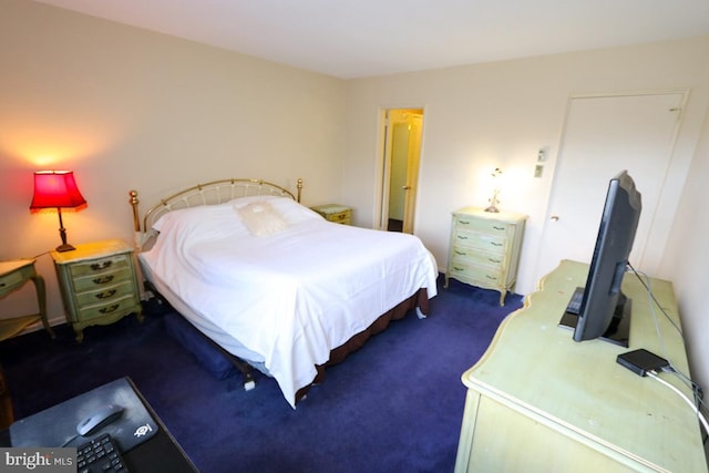 bedroom with dark colored carpet