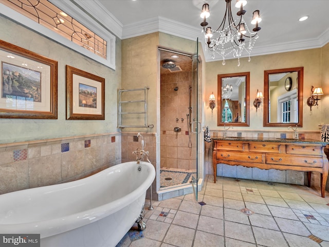 bathroom featuring vanity, plus walk in shower, a notable chandelier, and ornamental molding