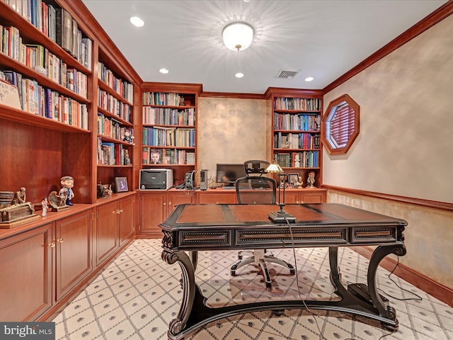 home office with built in shelves and crown molding