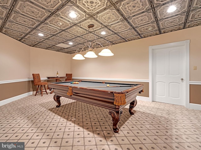 game room featuring light carpet and billiards