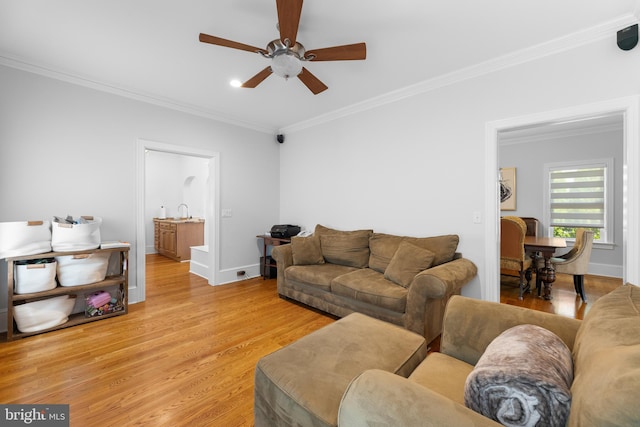 living room with sink, light hardwood / wood-style flooring, ornamental molding, and ceiling fan