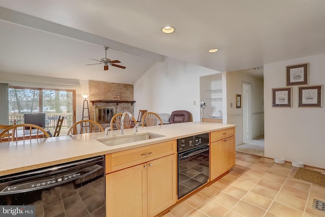 kitchen featuring dishwasher, light brown cabinets, sink, vaulted ceiling with beams, and ceiling fan