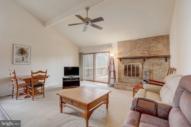 carpeted living room featuring beamed ceiling, high vaulted ceiling, ceiling fan, and a fireplace