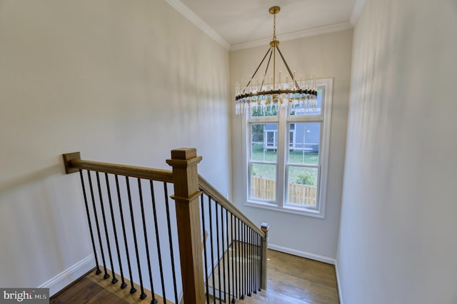 stairs with an inviting chandelier, crown molding, and wood-type flooring