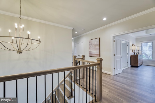 hall with an inviting chandelier, hardwood / wood-style floors, and crown molding