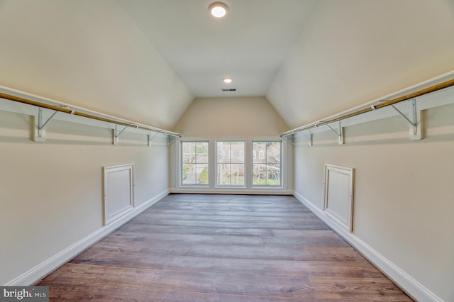 spacious closet featuring lofted ceiling and wood-type flooring