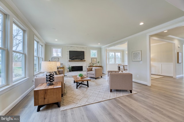 living room featuring a fireplace, ornamental molding, and light hardwood / wood-style floors