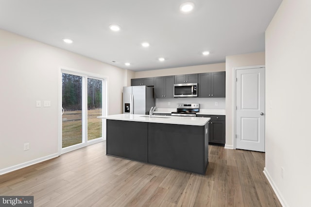 kitchen featuring stainless steel appliances, light hardwood / wood-style floors, a kitchen island with sink, and sink