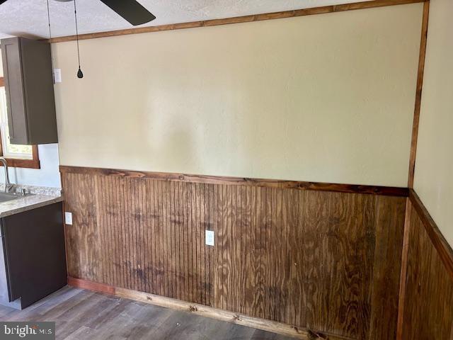 details with a textured ceiling, ceiling fan, wood-type flooring, and sink