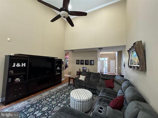 living room featuring hardwood / wood-style flooring, ceiling fan, and ornamental molding