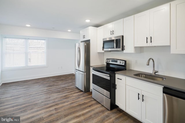 kitchen with sink, stainless steel appliances, white cabinets, and dark hardwood / wood-style flooring