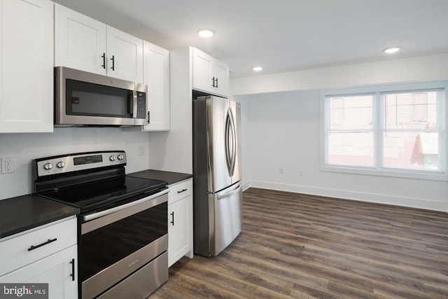 kitchen featuring white cabinets, dark hardwood / wood-style flooring, and appliances with stainless steel finishes