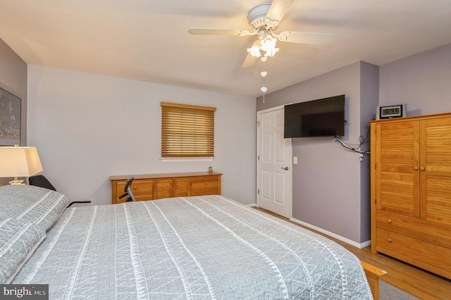 bedroom featuring hardwood / wood-style floors, ceiling fan, and a closet