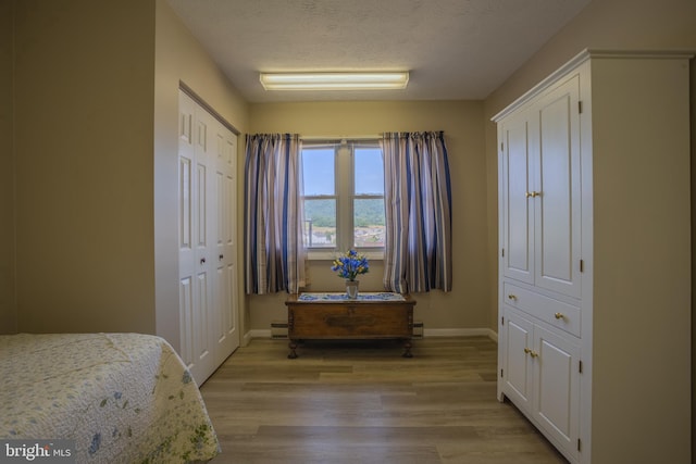 bedroom with a closet, a textured ceiling, and light wood-type flooring