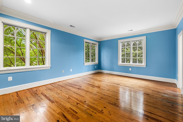 empty room featuring hardwood / wood-style floors and ornamental molding