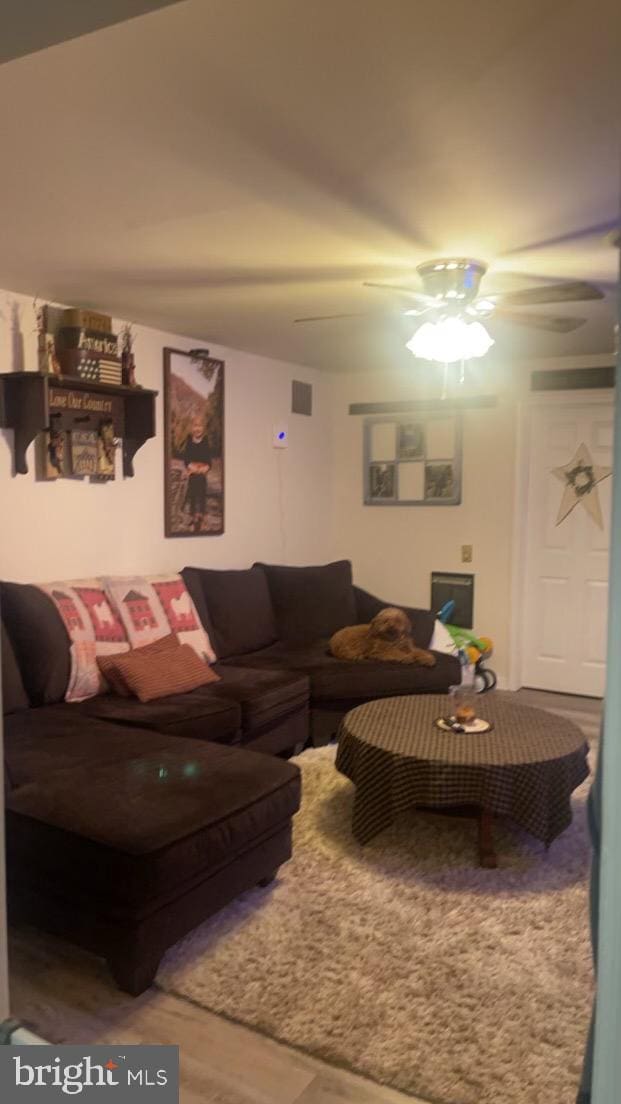 living room featuring ceiling fan and hardwood / wood-style floors