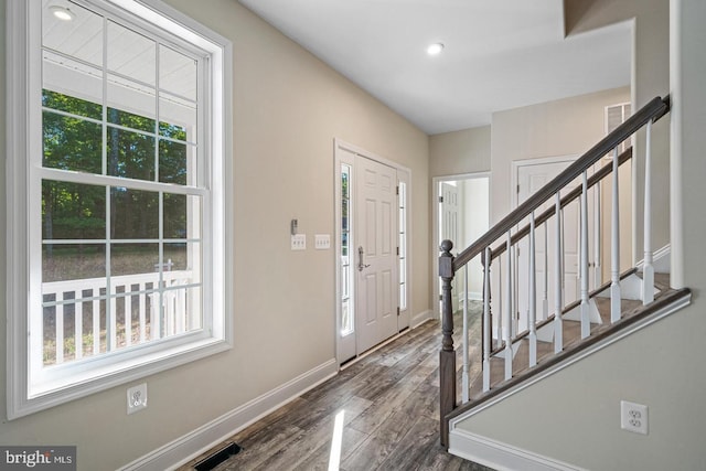 entrance foyer with dark hardwood / wood-style flooring and a wealth of natural light