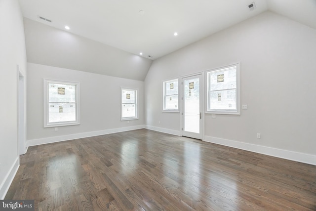 interior space featuring dark wood-type flooring and lofted ceiling