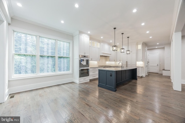 kitchen with white cabinetry, dark hardwood / wood-style floors, an island with sink, decorative light fixtures, and appliances with stainless steel finishes