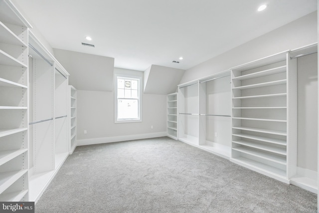 spacious closet featuring carpet and lofted ceiling