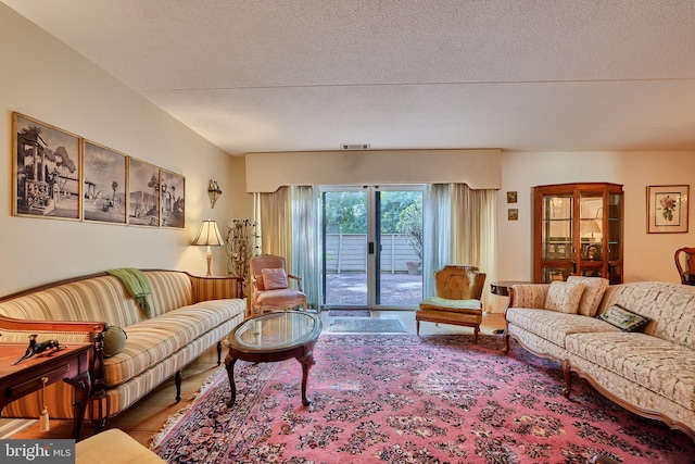 living room featuring a textured ceiling and hardwood / wood-style floors