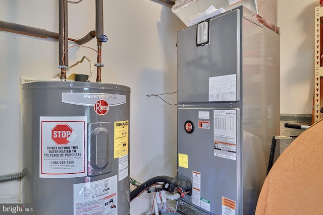 utility room with electric water heater and heating unit