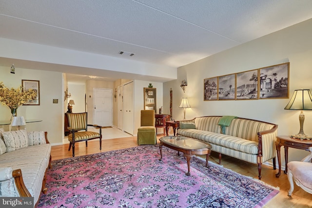 living room featuring wood-type flooring and a textured ceiling